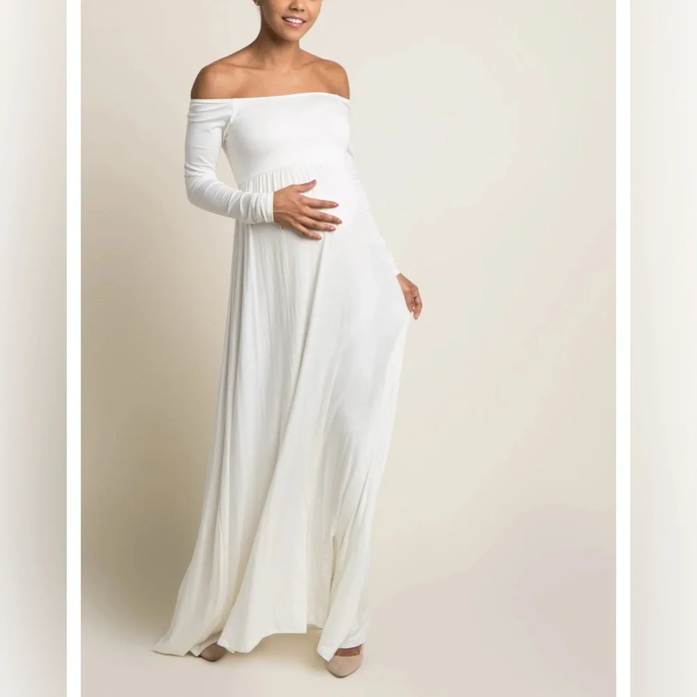 PinkBlush Ivory Solid Off Shoulder Maternity Maxi Dress - Picture 1 of 4